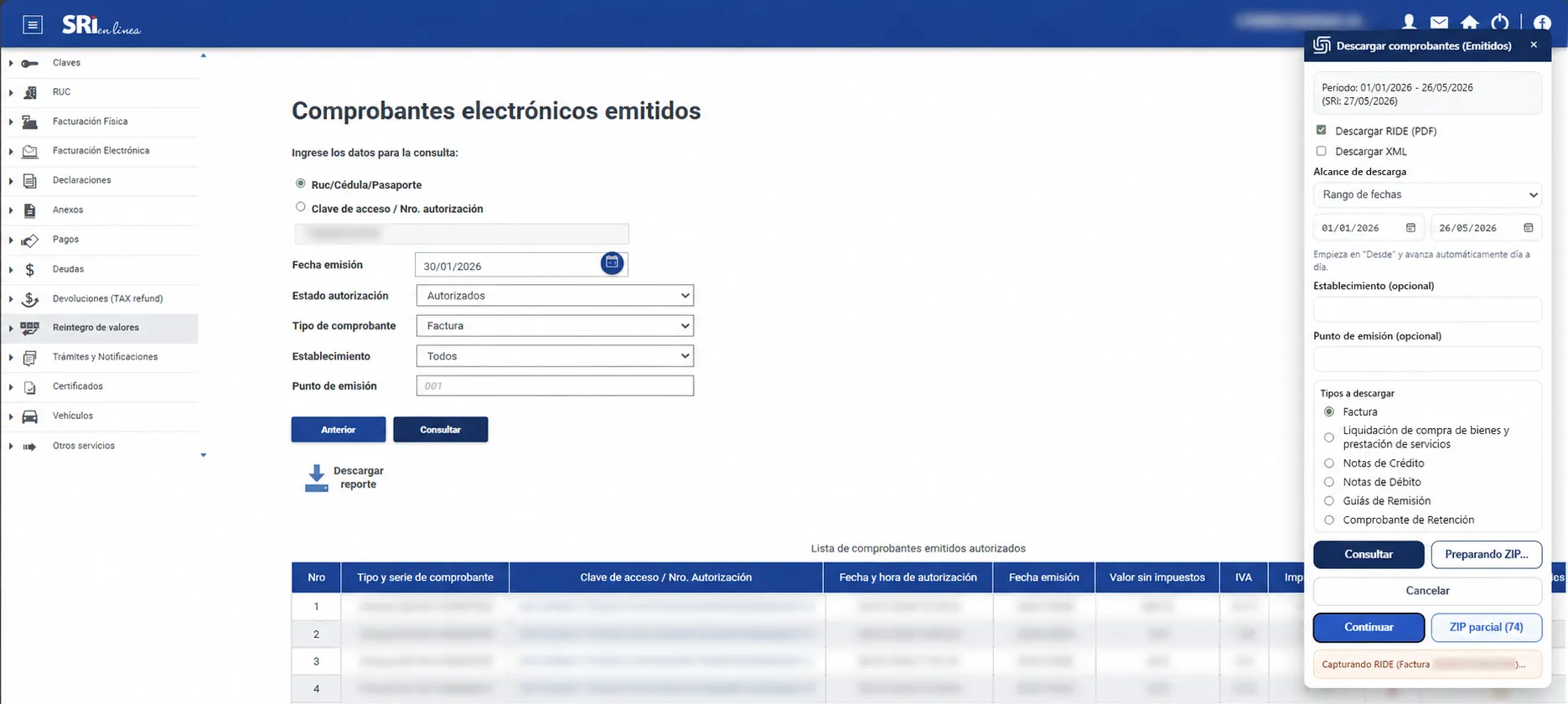 Panel de Friday sobre el portal del SRI para descargar comprobantes emitidos.