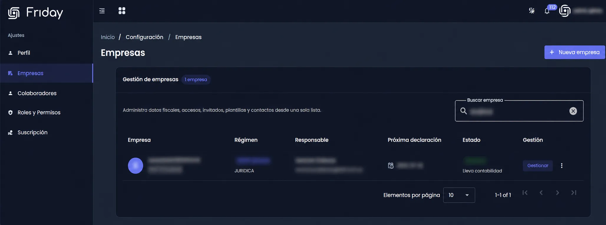 Vista principal del módulo Empresas